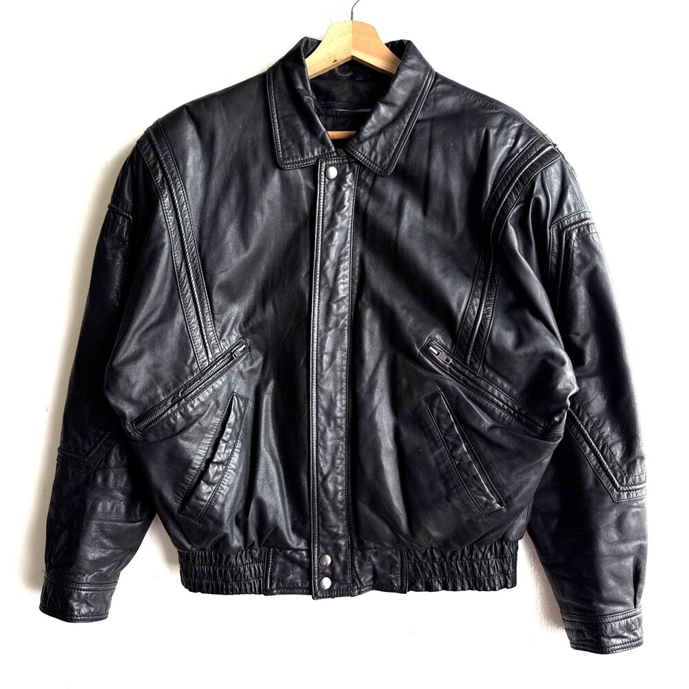 VTG 90s The Leather Warehouse Men's Black Bomber Leather Jacket Moto Size 40